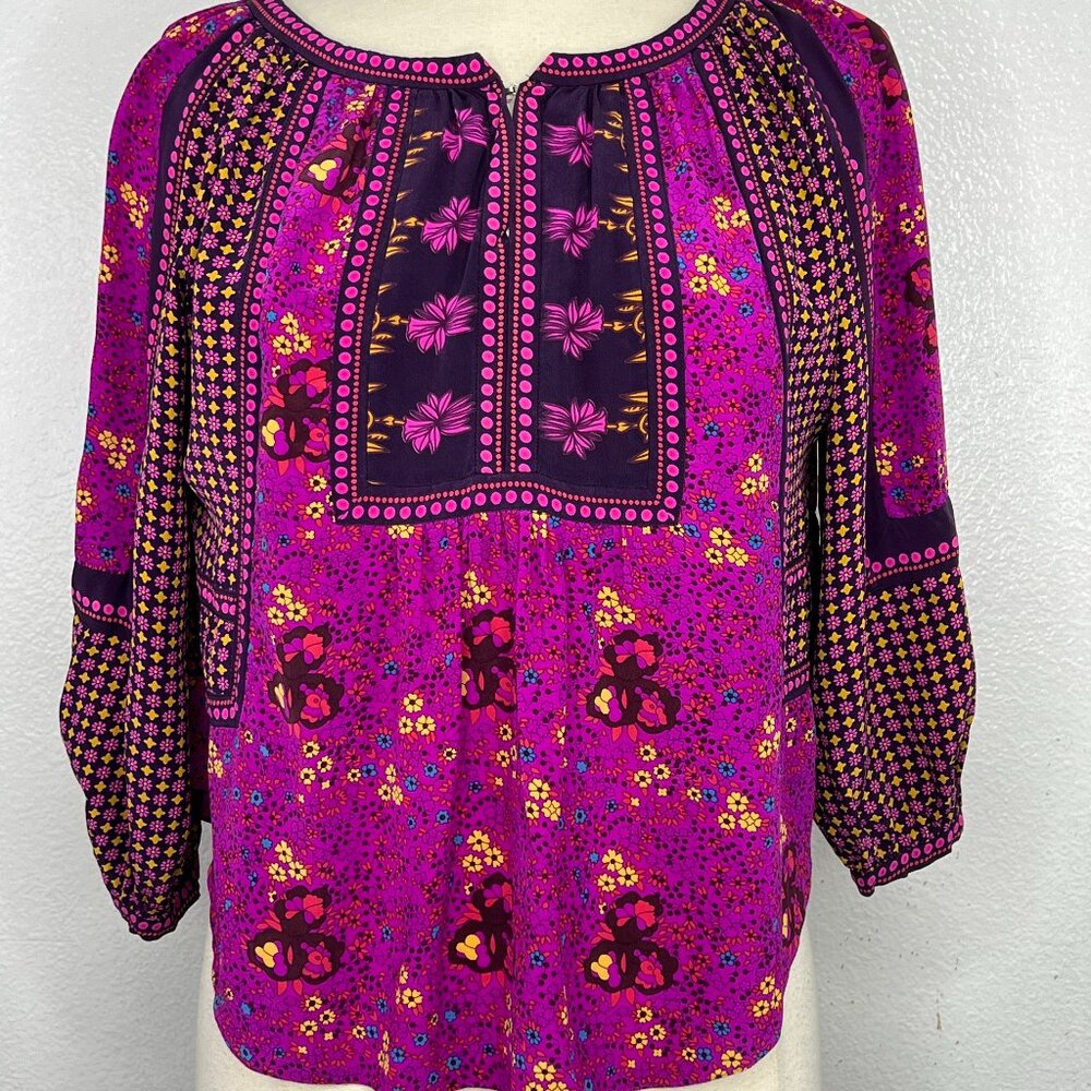 Rebecca Taylor Peasant Boho 3/4 Sleeve Pink Purple Floral Print Silk Top Size 4